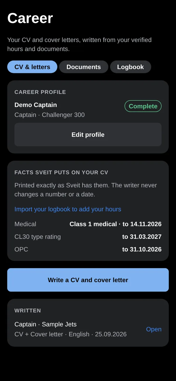Career screen with verified CV facts
