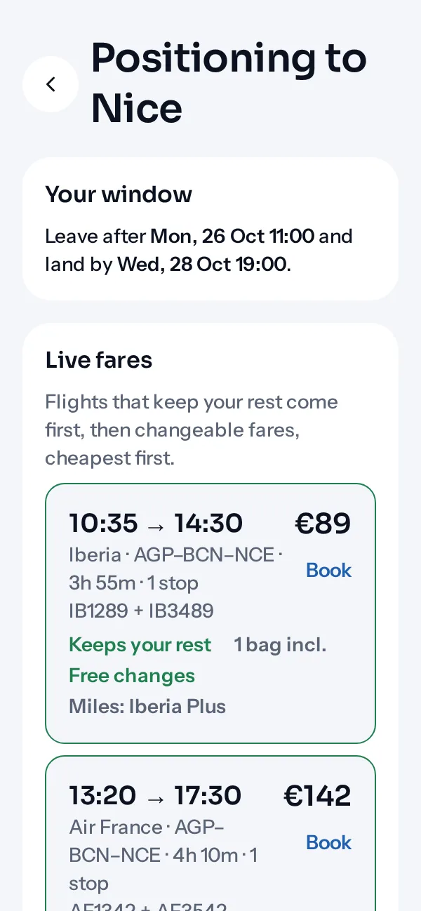 Positioning flights sorted by whether they keep your rest