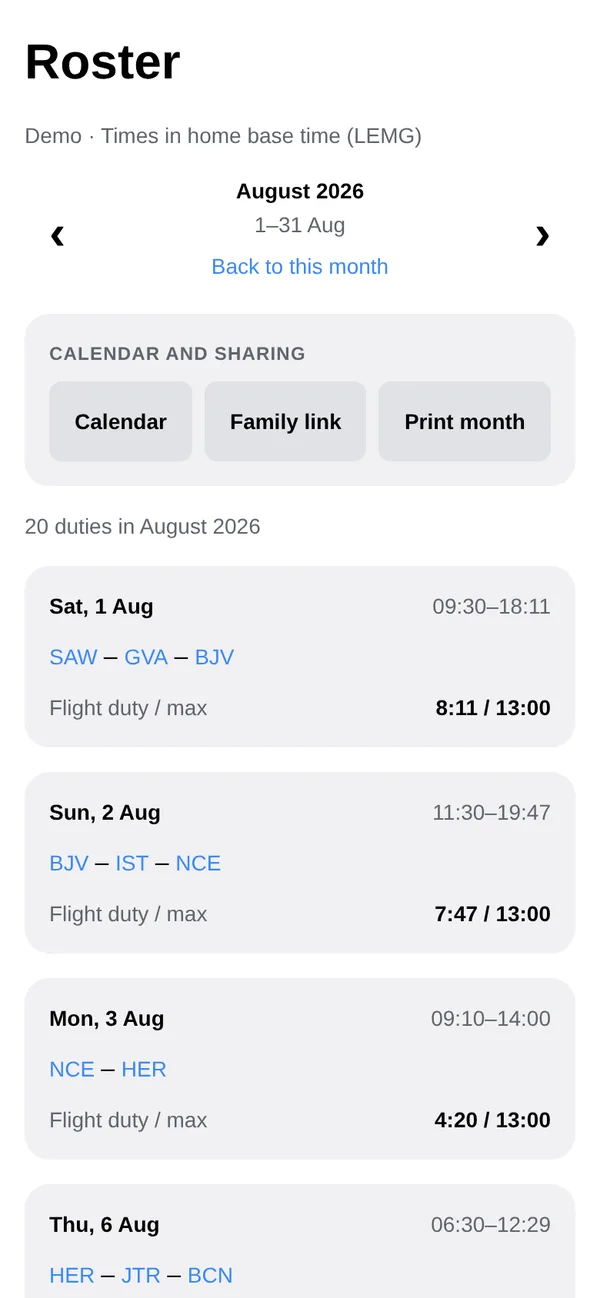 Roster screen with calendar and family link